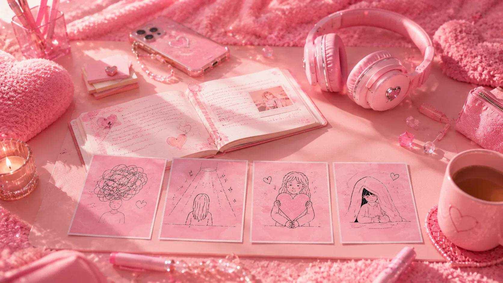 Eva Rose — diary, cards, headphones, pink world
