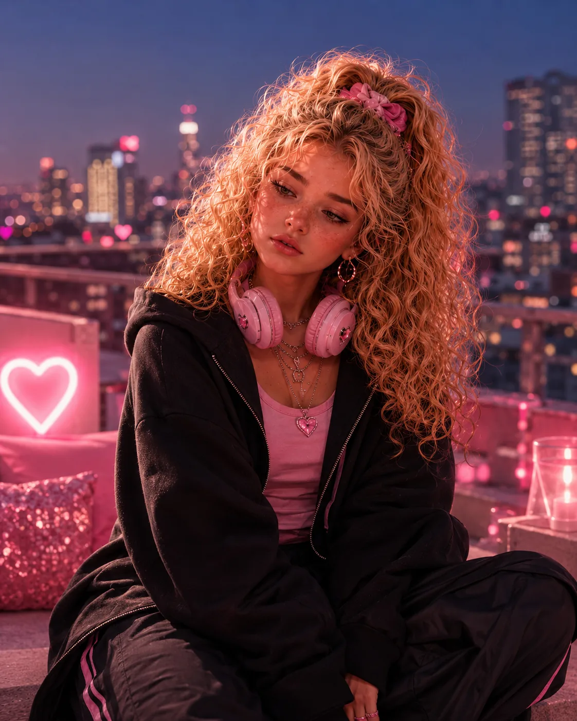 Night Eva — Rose City rooftop, black hoodie, neon heart