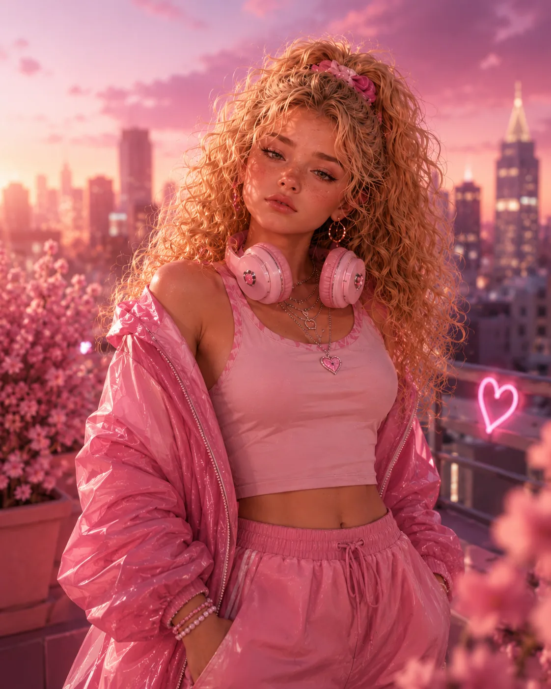 Eva Rose on a pink rooftop at sunset