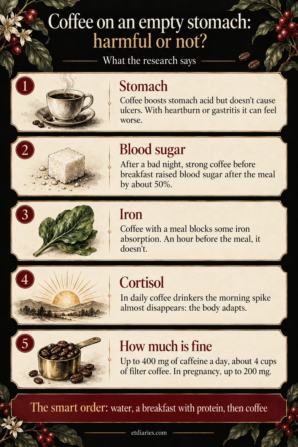 Coffee on an empty stomach: what the research says about the stomach, blood sugar, iron, cortisol and how much is fine