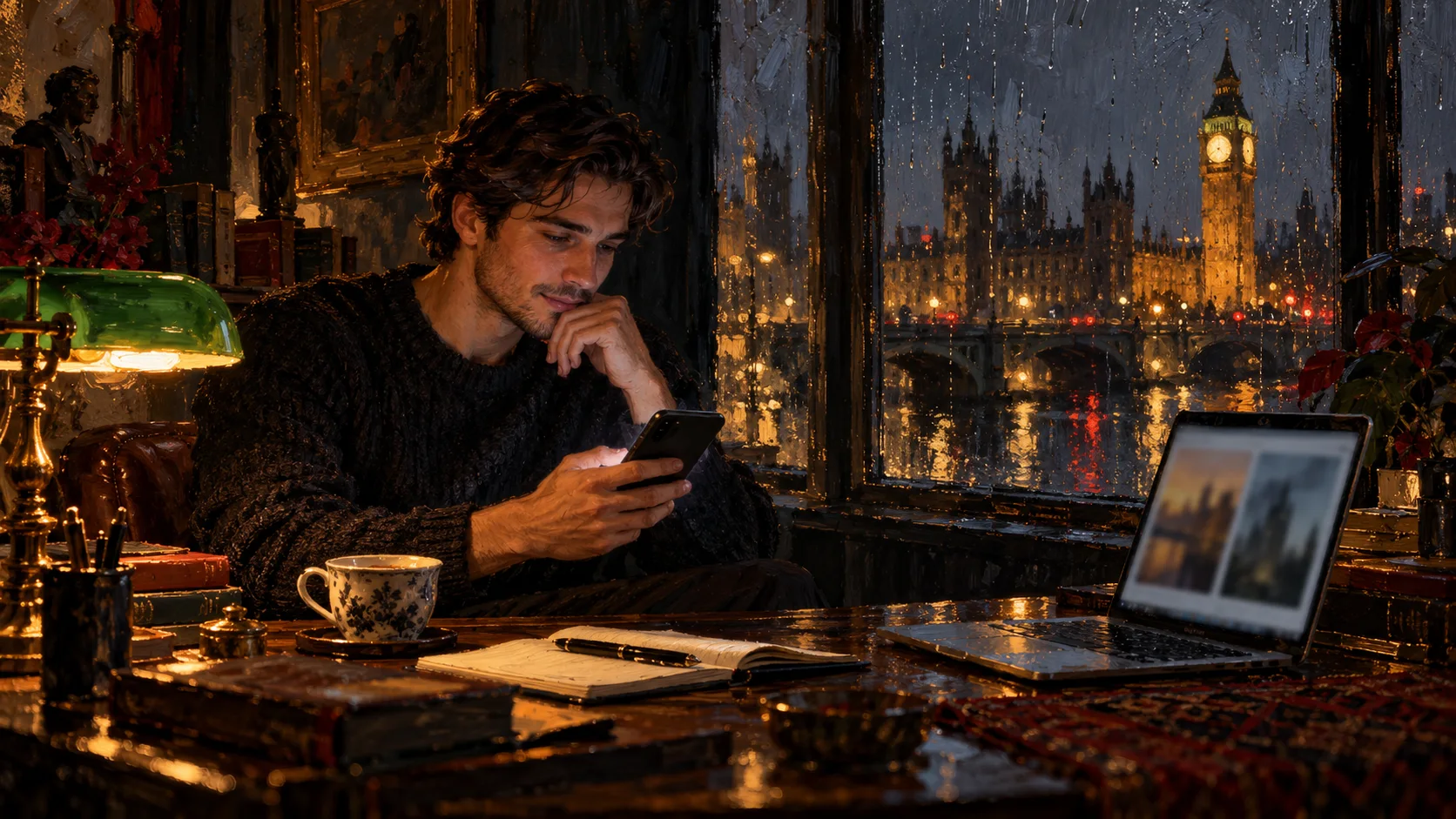 Chris at night in a London flat, checking a photo on his phone before sharing it