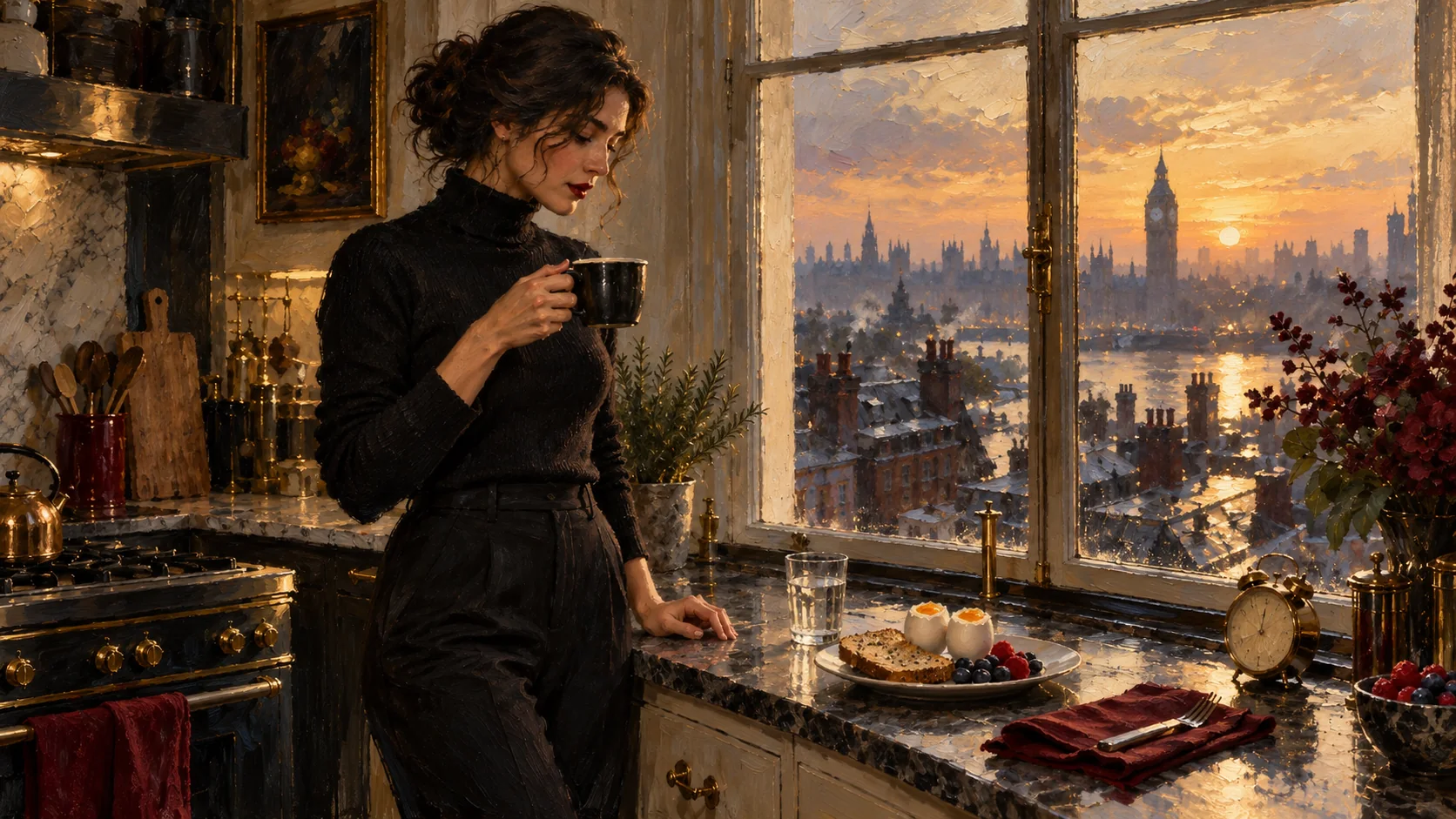Ivy at dawn in a London kitchen with a cup of black coffee and an untouched breakfast