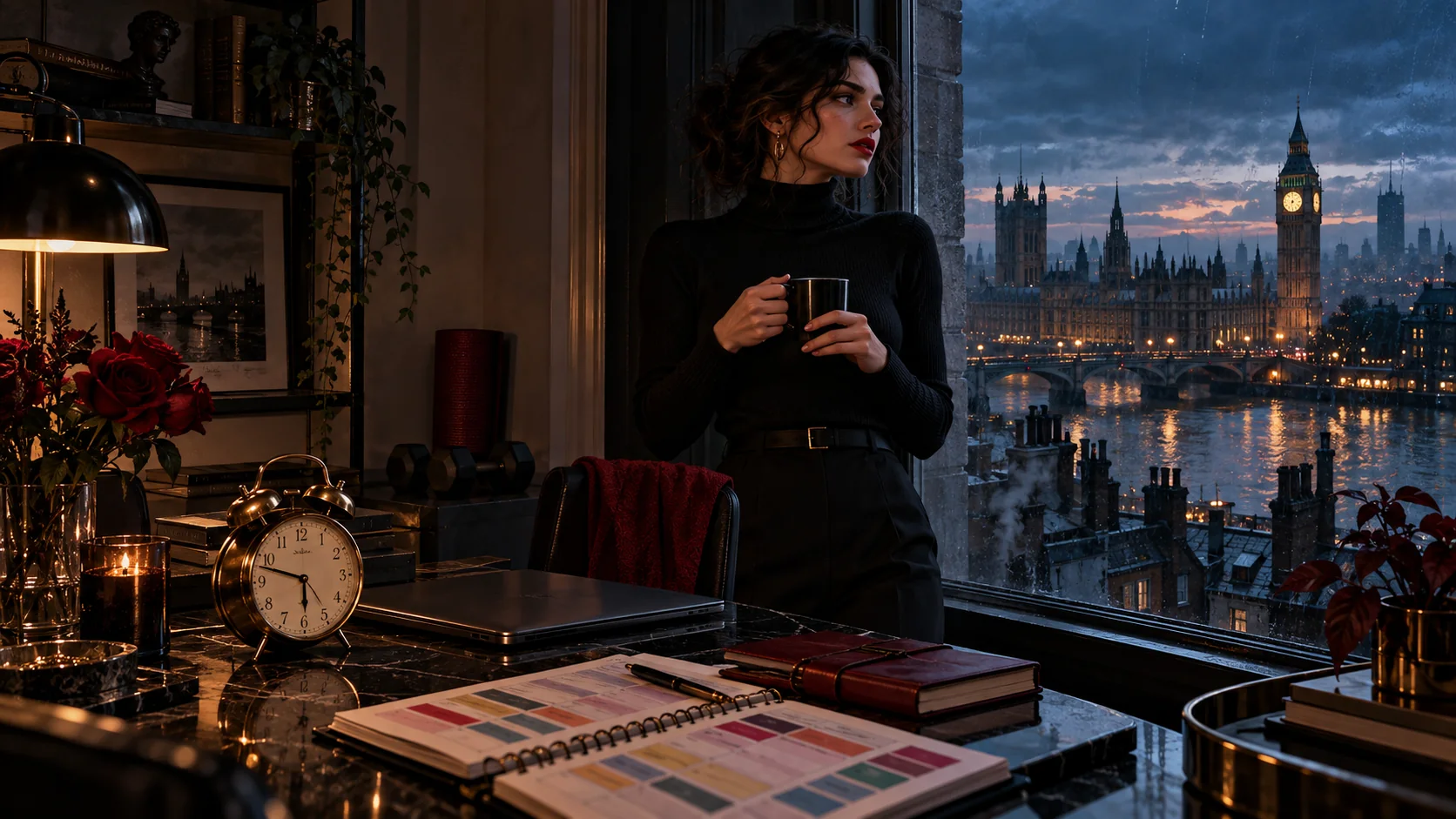 Ivy before dawn in London, black turtleneck, an alarm clock on the desk