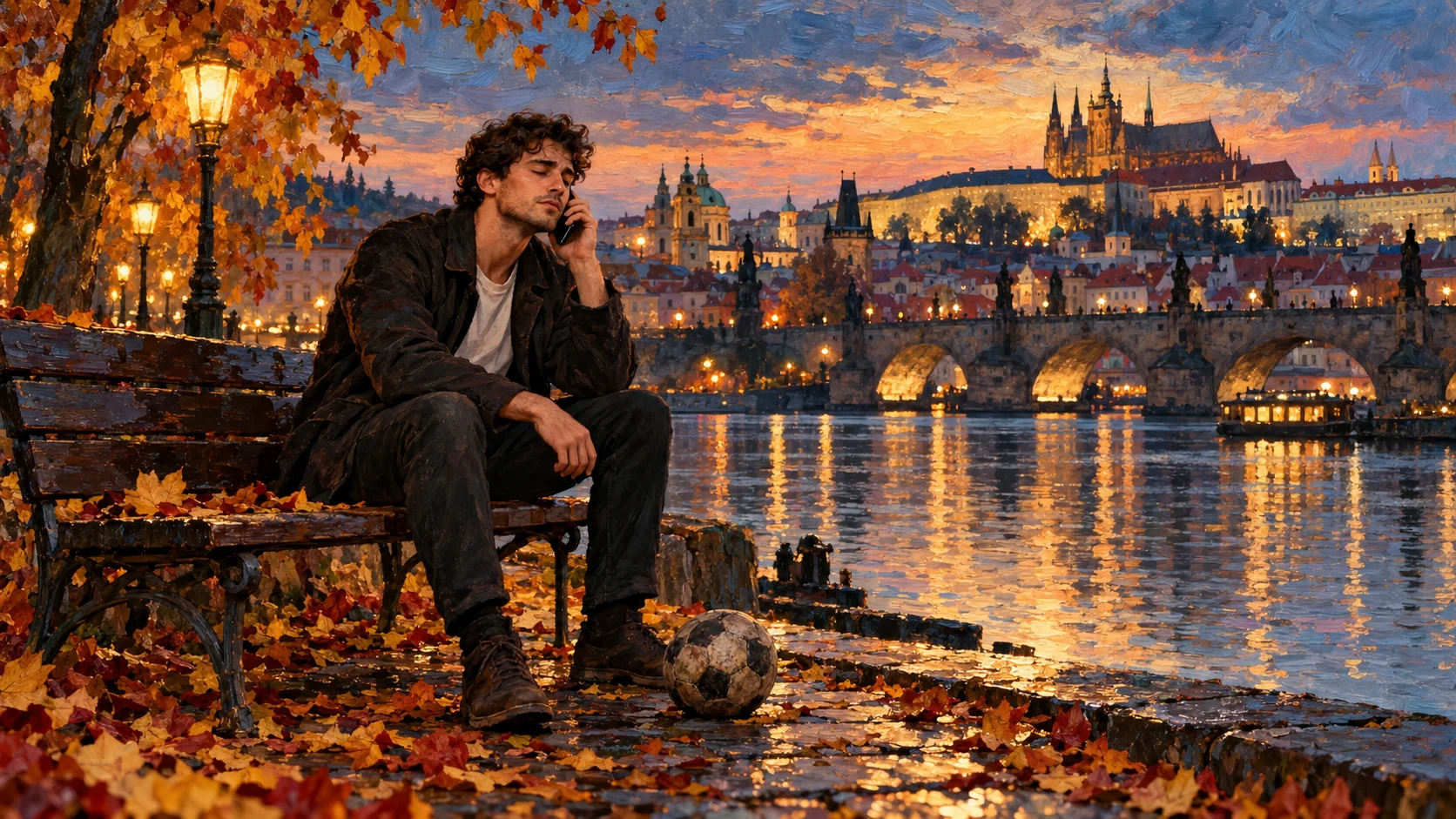 Josh on a bench by the river in Prague at dusk, holding his phone, about to make a call