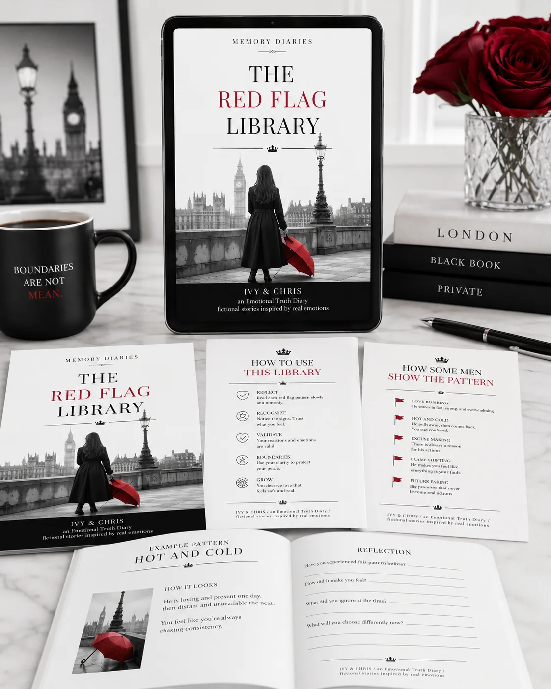 The Red Flag Library — digital tablet and printed book lifestyle mockup. Ivy & Chris emotional truth guide.