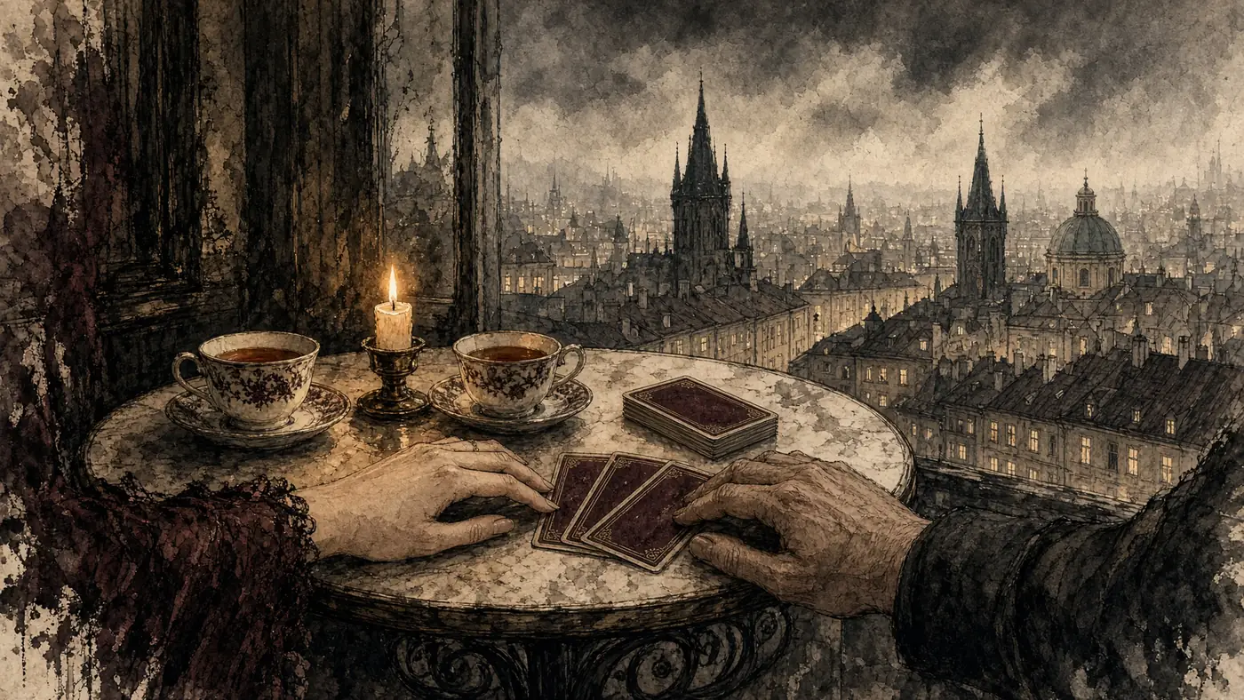 Two hands and conversation cards on a candlelit table by a window over Prague at night