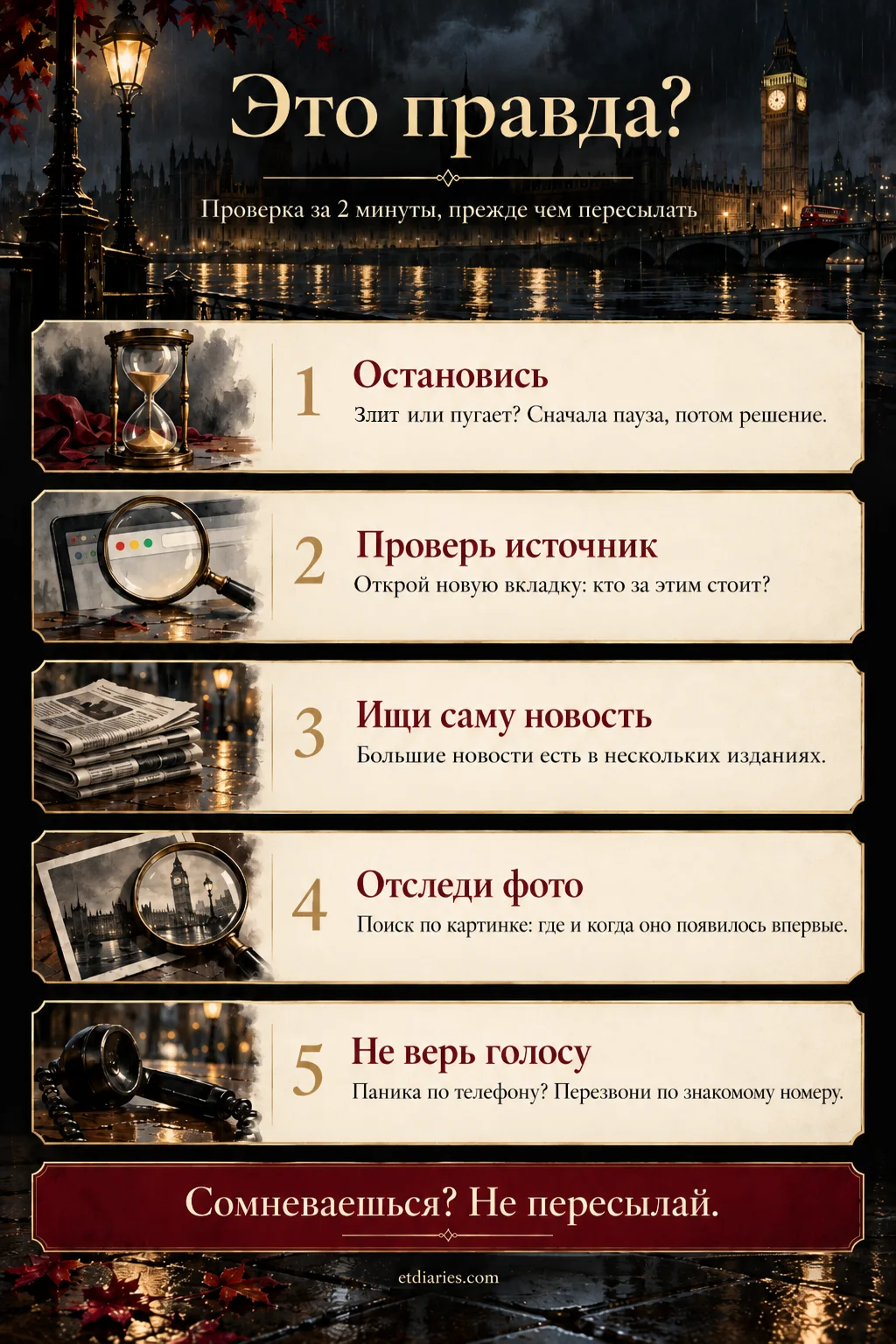 Это правда? Проверка за 2 минуты, прежде чем пересылать: остановись, проверь источник, ищи саму новость, отследи фото, не верь голосу